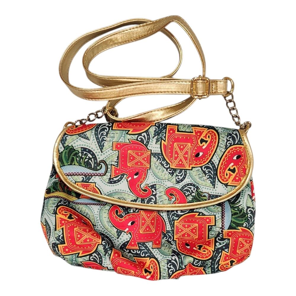 BollyDoll Purse Elephant Print Orange Blue Teal Gold Shoulder Bag Snap Closure
